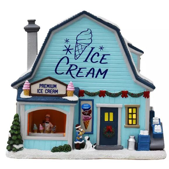 Christmas Village Ice Cream Shop Blue Barn St Nicholas Square 2022 w/ Box Light - Picture 2 of 9